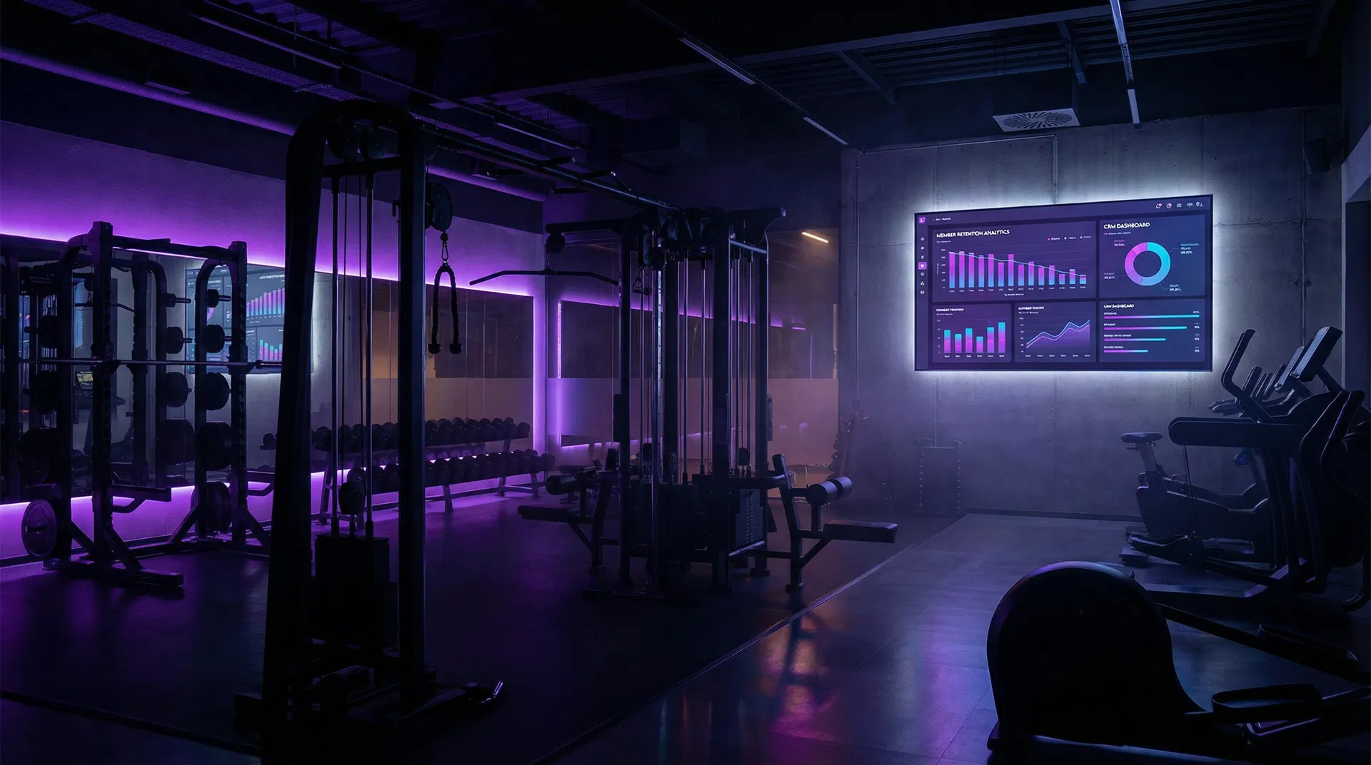 Modern gym facility with analytics dashboard overlay